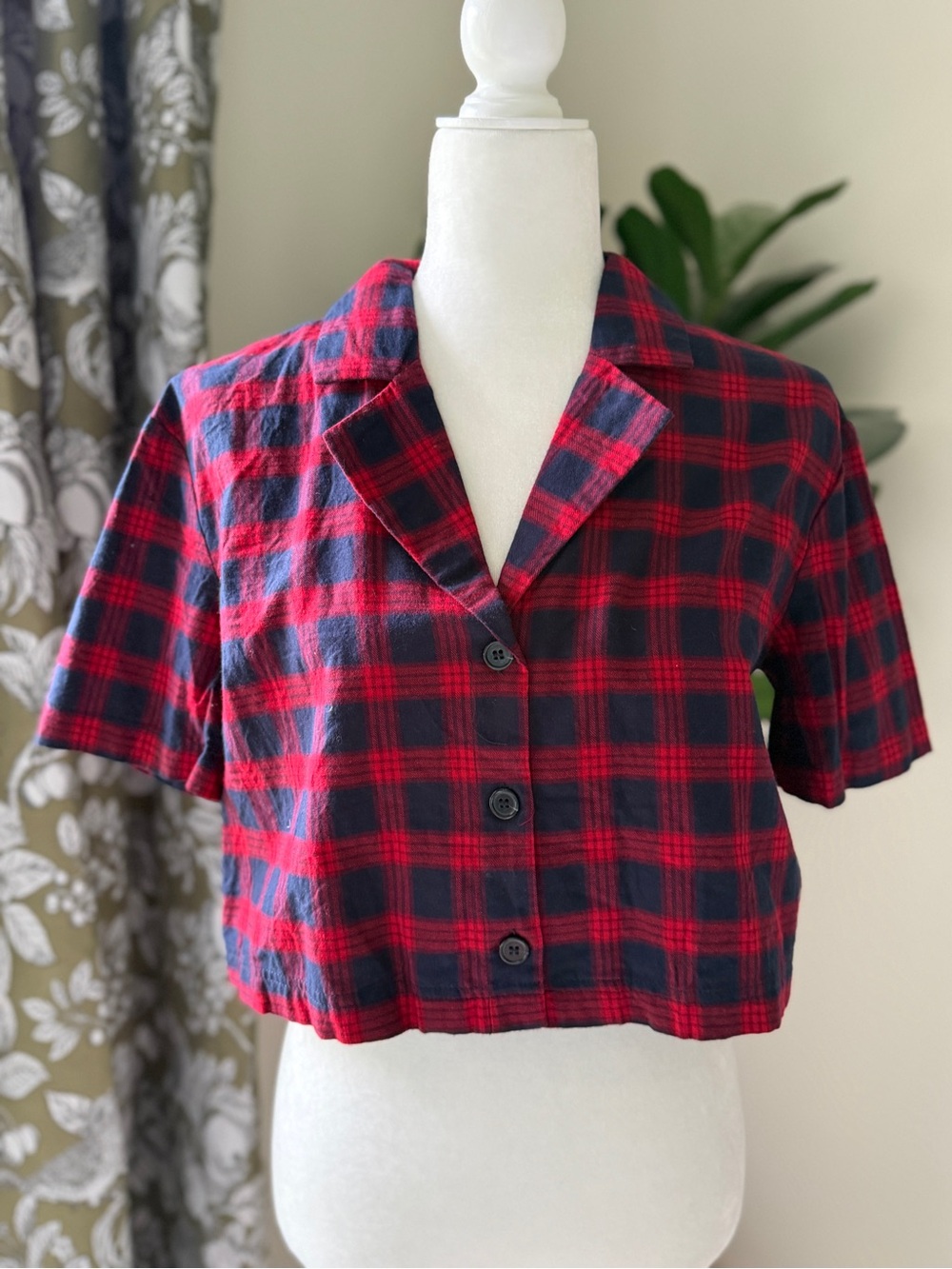 Free People Red and Navy Plaid Cropped Button-Up